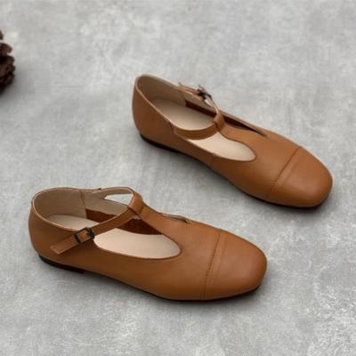 Ekte skinn firkantet tå dame flate sko håndlaget kuskinn spenne stropp ensfarget myk såle sko