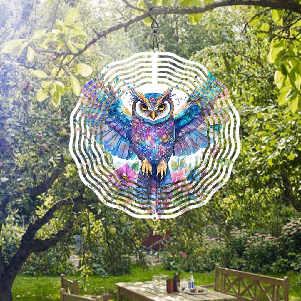 Buntes Eulen-Windspiel Metall Hängender Spinner für Außen Garten Hof Dekoration Vogelabwehr Rotierende Windmühle Dekor