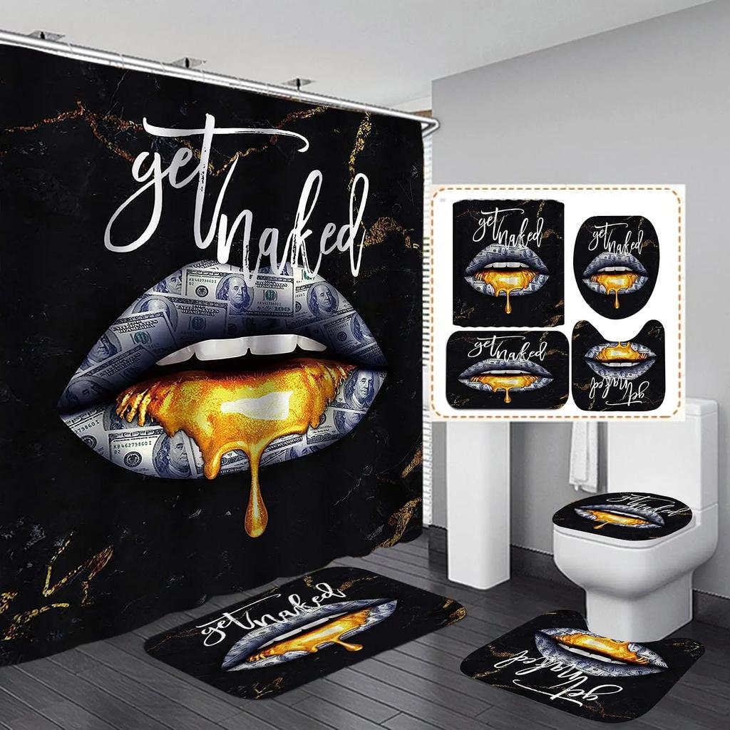 Get Naked Shower Curtain Sets With Non-Slip Rug Toilet Lid Cover Bath Mat Sexy Lips Bathroom Curtains Set Red Kiss Waterproof