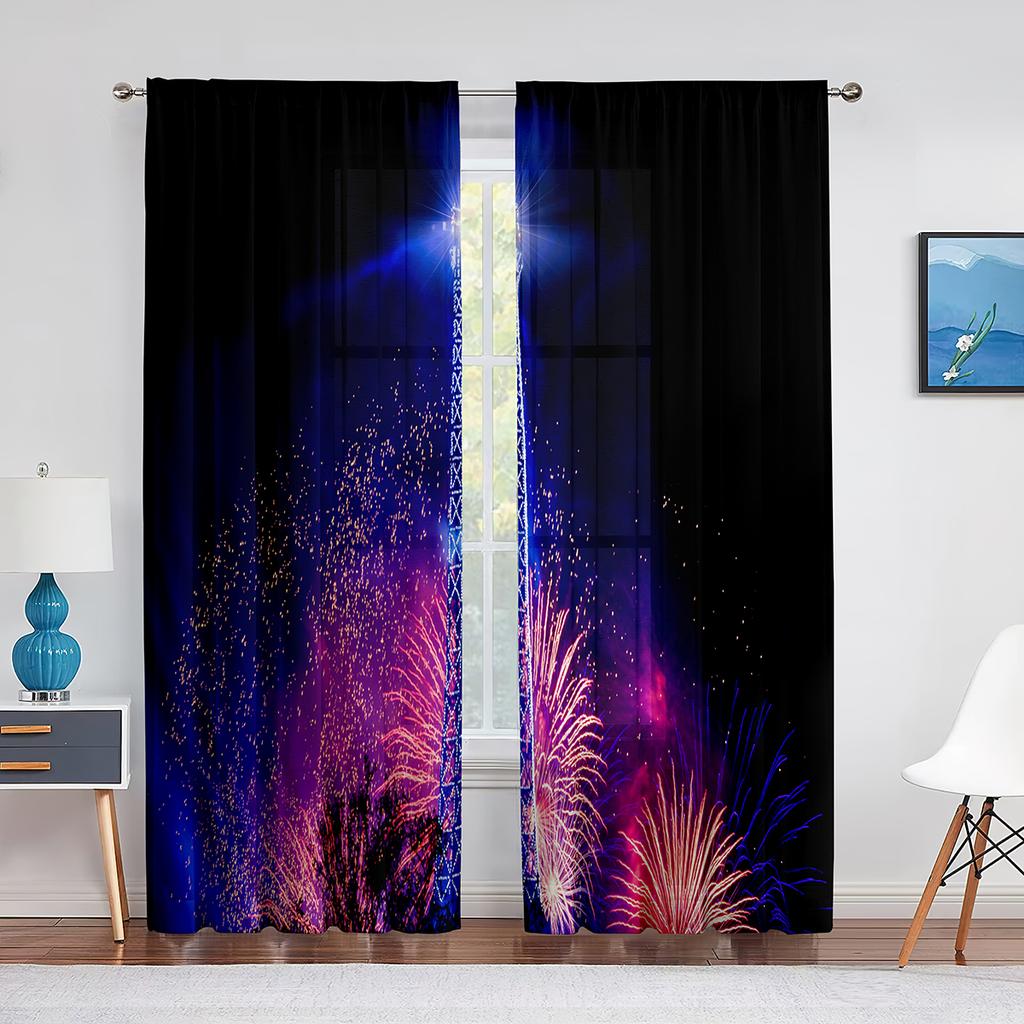 Blommande Färgglada Fyrverkerier Tryckta Skira Voilegardiner för Vardagsrum Sovrum Tyll Fönstergardin Hem Balkong Dekor Draperier
