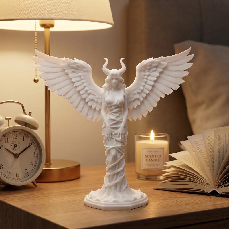 White Horned Angel 3D Print Statue Hand Carved Wings Art Piece for Home Office Thanksgiving Gift