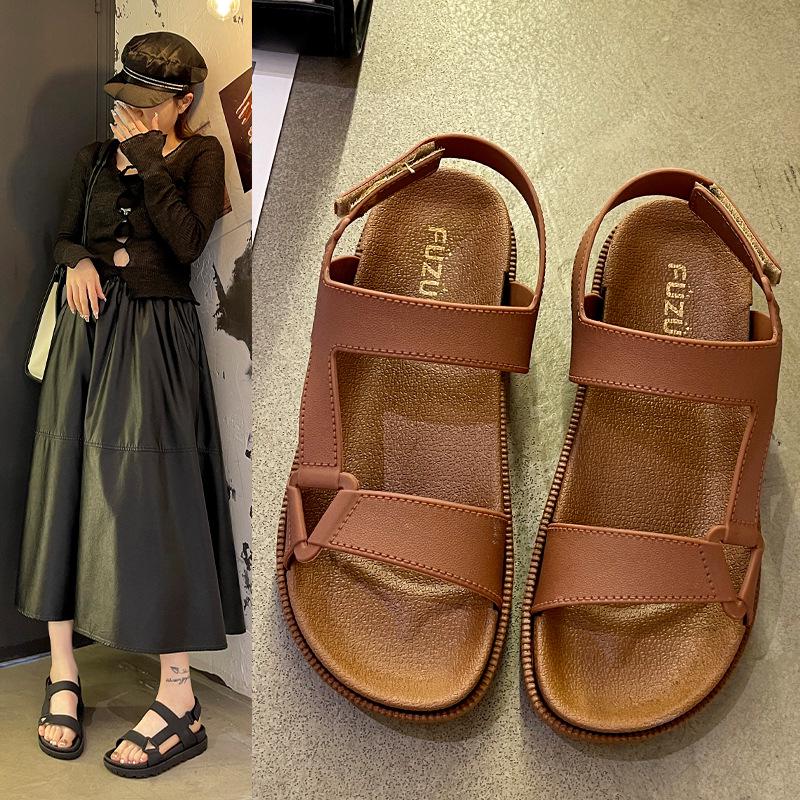 Women's Summer Sandals: Solid Color, One-Strap, Open-Toe, Velcro Flats for Beach