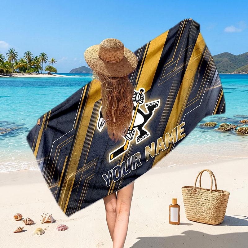 Pittsburgh Penguins Customized Name Text Beach Towel, Soft Absorbent Towel Beach Pool Travel Personal Gift