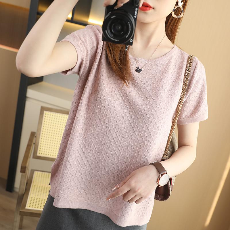 

Летняя новая женская футболка с круглым вырезом и короткими рукавами, свободный топ большого размера в клетку с рукавами до локтя XXXL розовый