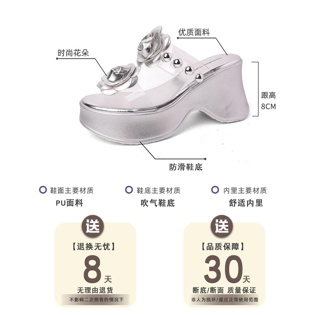 Design Sense Transparent with Flower Pearl Slippers Women's Summer Fashion Casual Thick Bottom Slope Heel Cool Slippers Tide