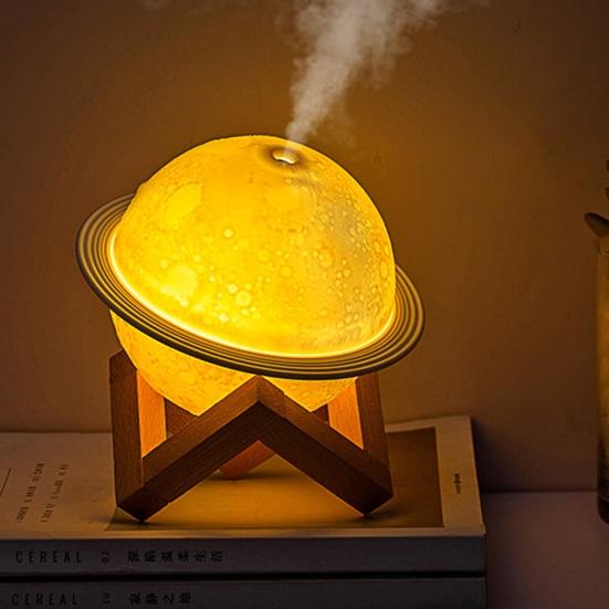 3D Planet Night Light Humidifier Quiet USB Mini Air Humidifier with Wooden Stand Home Office Bedroom Bedside Lamp Desktop Humidifier