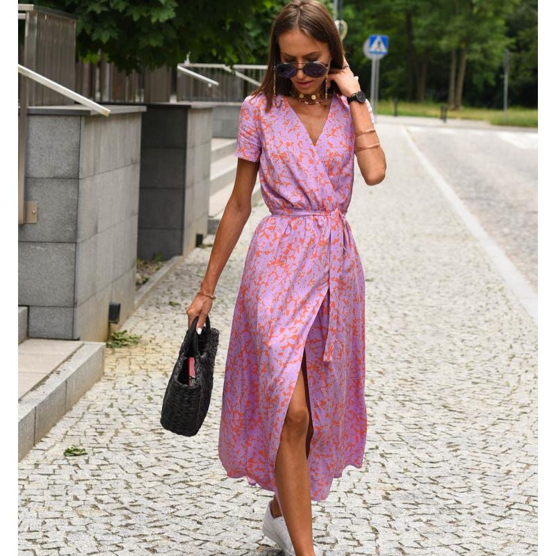 Summer Short Sleeve Vintage Print Sexy Women Dresses Casual Elegant Slim Fit V Neck Floral Long Dress Women High Waist Lace-up Party Club Dress 26101