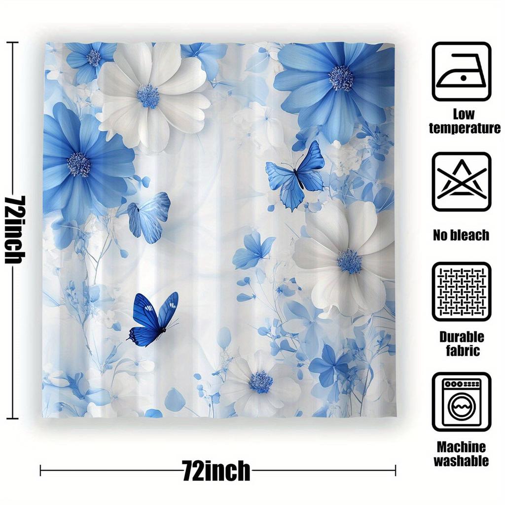 Waterproof Shower Curtain, Blue Butterfly Theme, Graphic Print, Art Inspired, Includes 12 Hooks, Machine Washable, Polyester