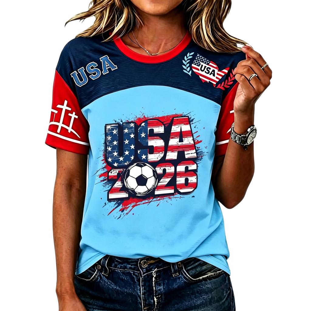 Women's Casual Short Sleeve Pullover Top Crew Neck Soccer Graphic Print Lightweight T-Shirt for Everyday Wear