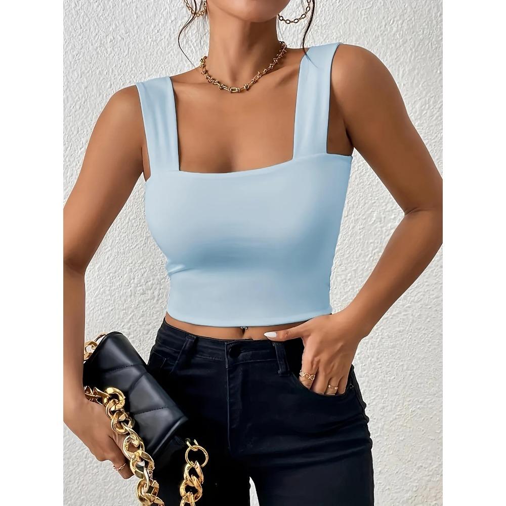 Čtvercový výstřih Tílko Široká ramínka Crop Tops Ženy Léto Košilka Jednobarevná Košilka Módní tubus Dámská zkrácená vesta bez rukávů Y2K Oblečení