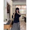 Fashion Suit Asymmetrical off-Shoulder Short-Sleeved T-shirt Women's Summer Gingham Skirt A- Line Skirt Idle Style Two-piece Set