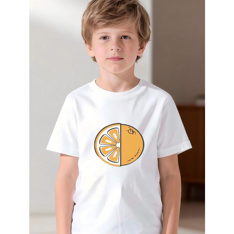 

European sizes Boys Summer Short Sleeve T-Shirts - Bright Orange Fruit Print Round Neck Casual Tees with Fruit Patterns 98cm белый