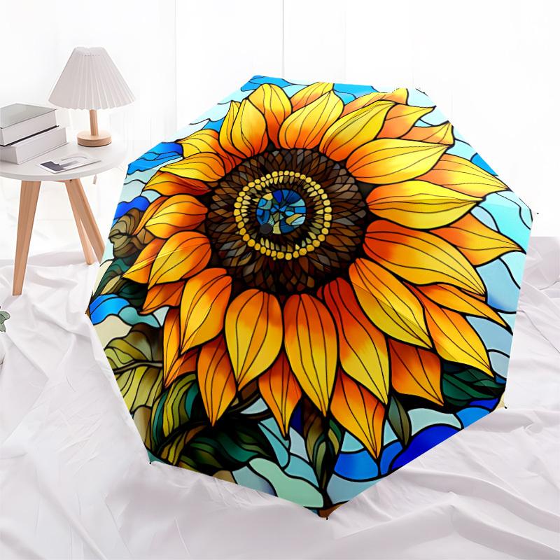 1pc Sunflower StainedGlass Automatic Folding Umbrella, Lightweight Retractable Compact Travel Umbrella, 8-Rib Sturdy Frame100