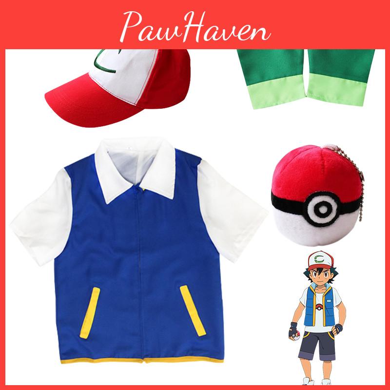 Pokemon Ash Ketchum Cosplay Kostüm Komplettset Erwachsene Jacke Handschuhe Hut Halloween Hohe Qualität Elastisches Weiches Polyestermaterial