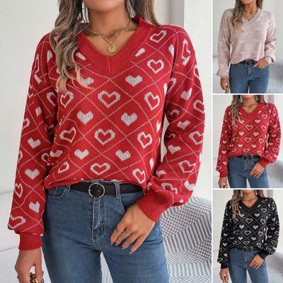 Women Sweater V-Neck Lantern Long Sleeve Ribbed Trim Pullover Jumper Heart Pattern Knit Tops Daily Wear