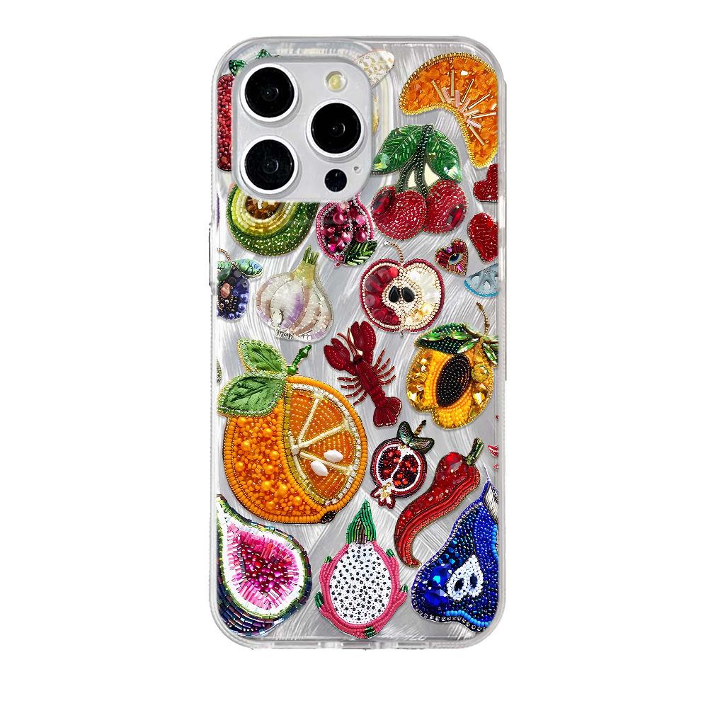 Vintage Glitter Fruit Phone Case for iPhone 16 15 14 13 12 11 Pro Max X Xs XR XSMax 7 8 Plus SE 2020 2022 Feather Texture Cover