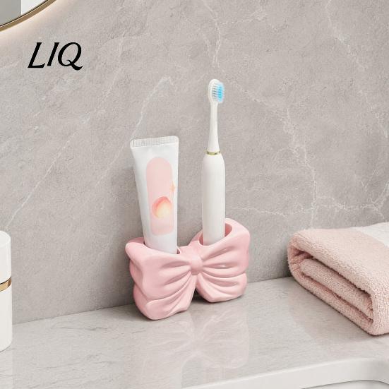 Bathroom Counter Organizer 3D Printed Bow Toothbrush Holder, Adhesive Cup with Dual Holes for Cute Vanity Decor & Toothpaste, Decor, Minimalist