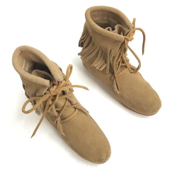 Minnetonka Fringe Lace-up Moccasin Boots Women's 22.0 Brown Suede leather(USED)