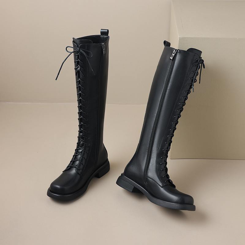 Krazing Pot Cow Split Skin Autumn Winter Shoes Concise Thick Heels Size 41 Thigh High Boots Keep Warm Round Toe Slip On Retro Knee Boots