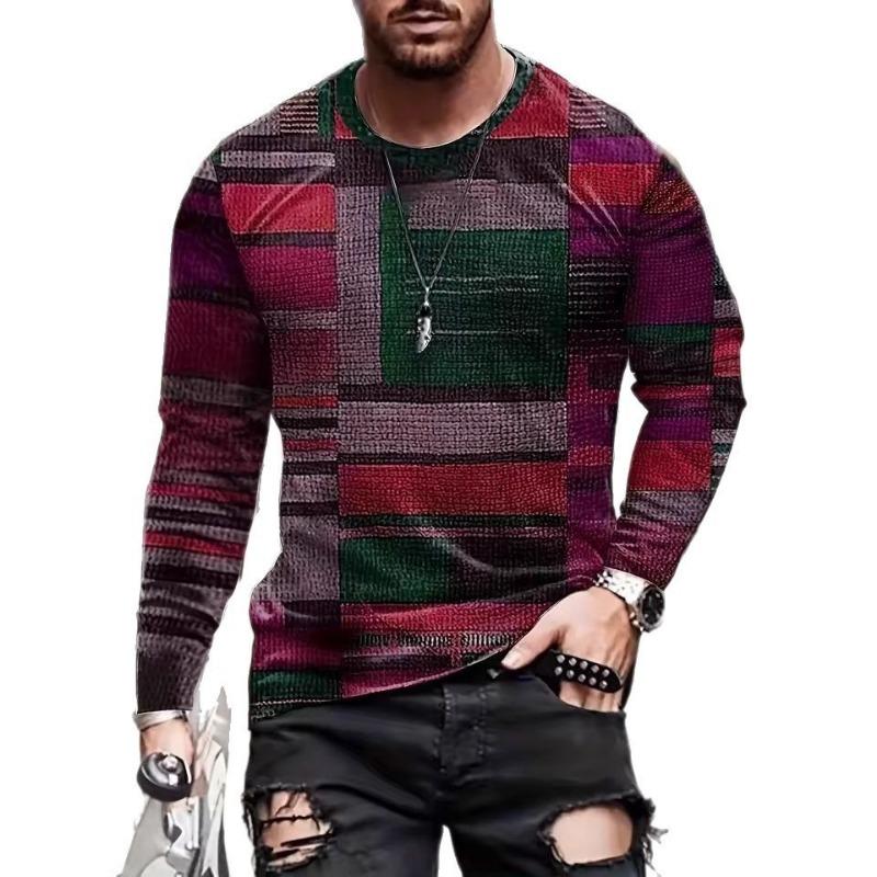 Men's Spring Summer Long Sleeve T-Shirt Green Geometric Patchwork Print Casual Streetwear
