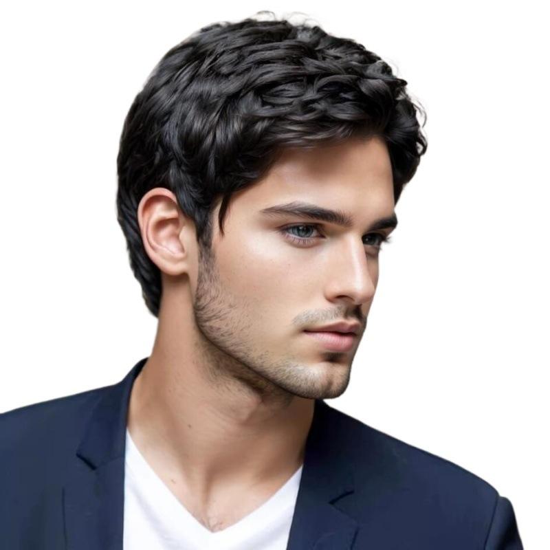 European and American Style Men’s Natural Look Fluffy Short Brown Wig with Side-Parted Bangs