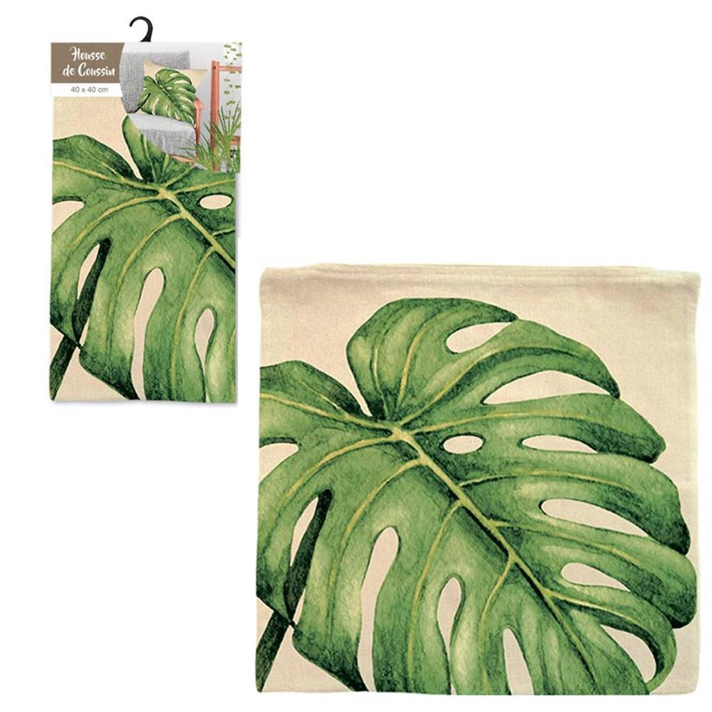 Les Trésors De Lily [Q2184] - 'Jungle' Beige Green Cotton Cushion Cover (monstera Leaves) - 40x40 Cm