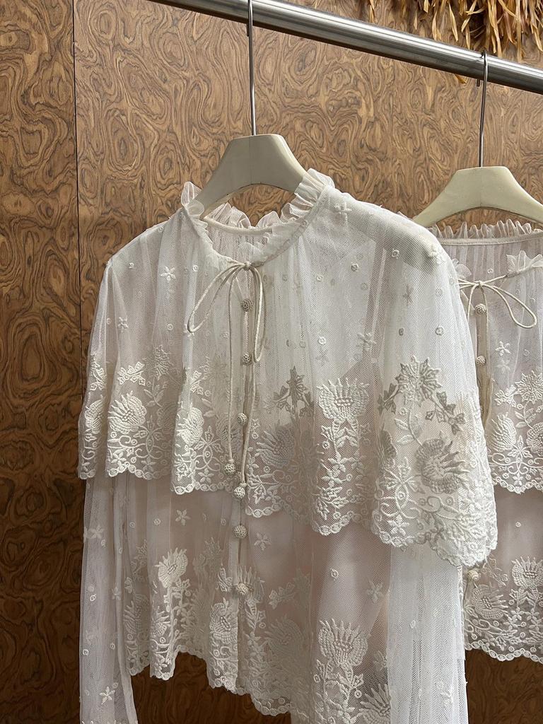 SE Designer 26 Spring Lace Shirt: Double-Layered, Sheer Mesh, Floral Embroidered Cape Cardigan