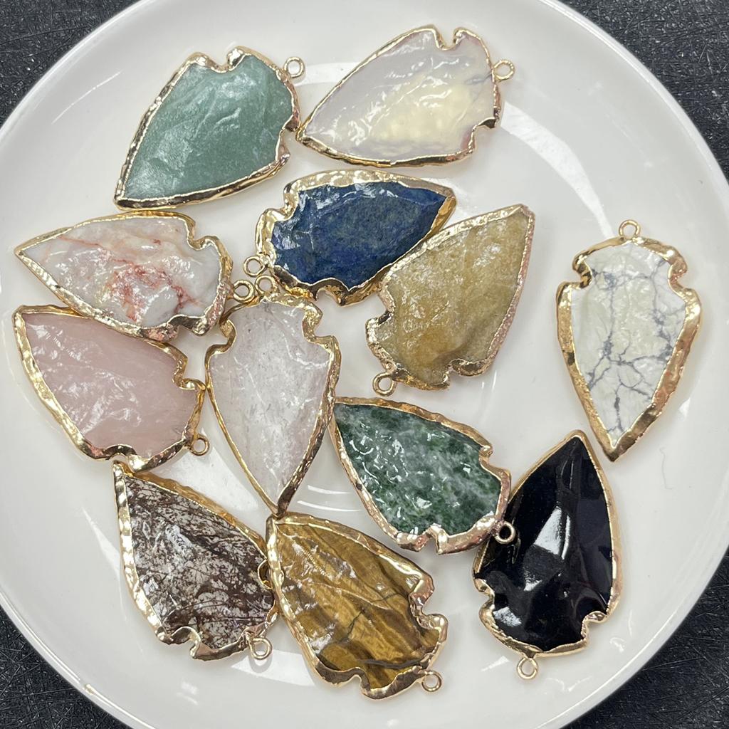1Pc, Natural Stone Healing Crystal Arrow Pendant with Golden Edge, Boho Jewelry for Necklace Making & Daily Wear, 2026 Fashion Handmade Accessory
