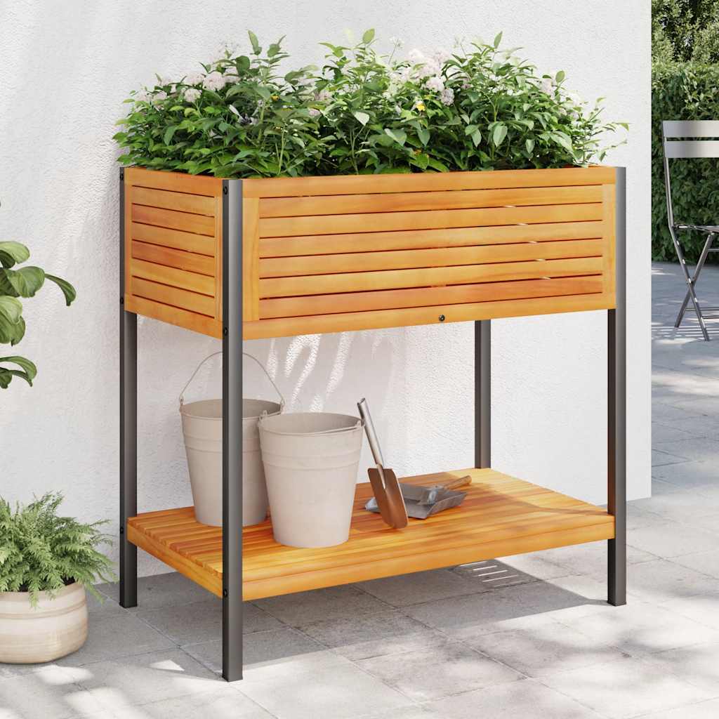 Plant Pot with Shelf 80 x 45 x 80 cm Solid Acacia Wood and Steel