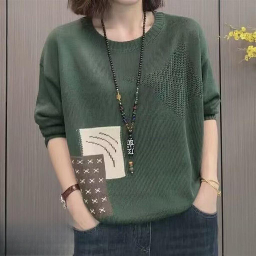 Spring Autumn Women's Casual Loose Sweater In Contrasting Color with Long Sleeves Round Neck In Famous Ethnic Style, Fashionable Knitted Sweater