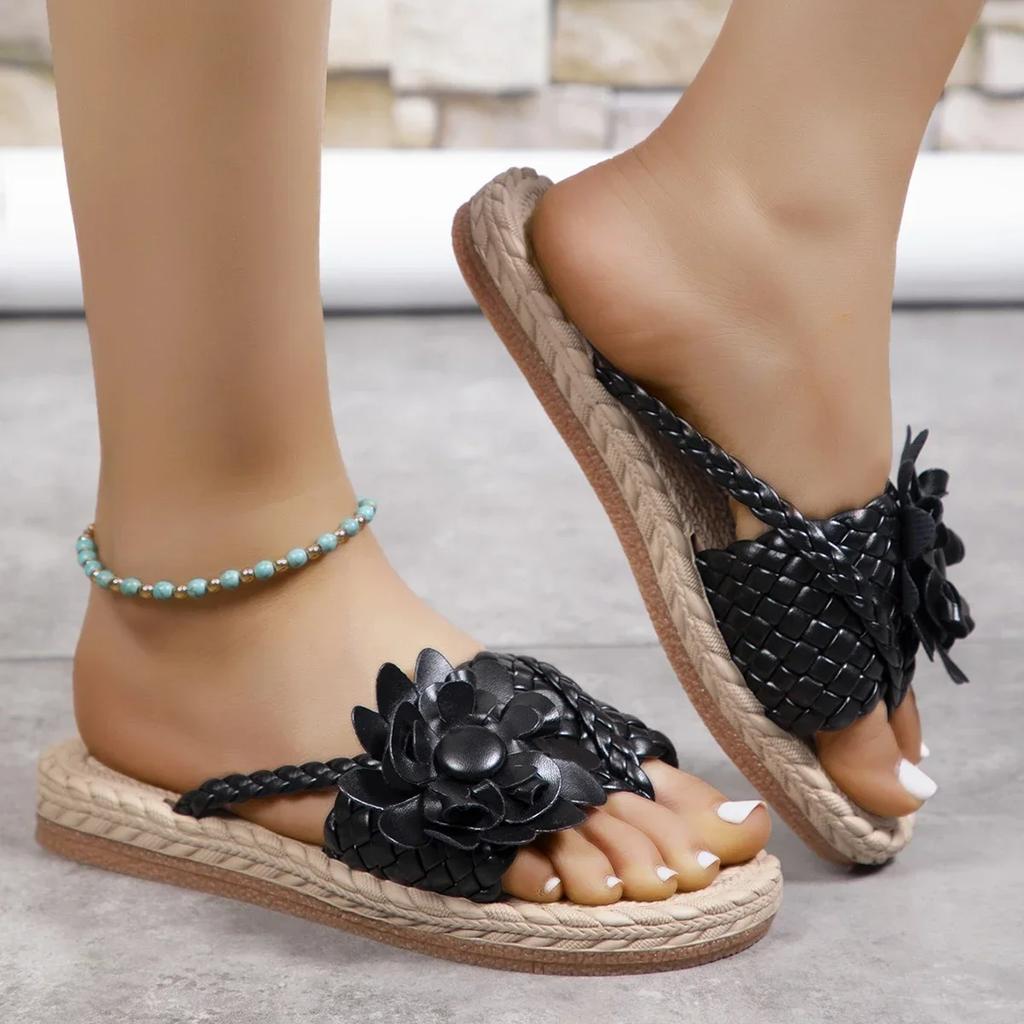 Fashion Summer Floral Braided Flat Slippers Classics Solid PU Leather Women Non Slip Flip Flops Soft Comfortable Beach Sandals Femme