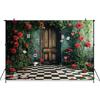Mocsicka Spring Backdrop Easter Red Rose Flower Green Wall Card Door Black White Grid Floor Wedding Decorations Party Ba396