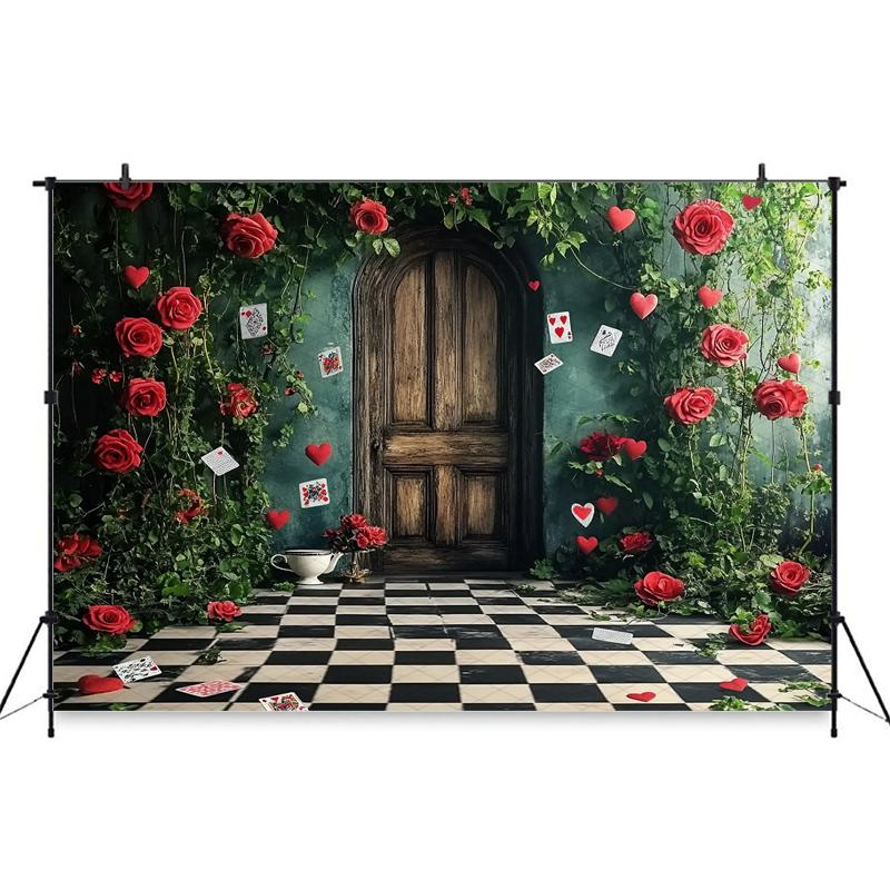 Mocsicka Spring Backdrop Easter Red Rose Flower Green Wall Card Door Black White Grid Floor Wedding Decorations Party Ba396