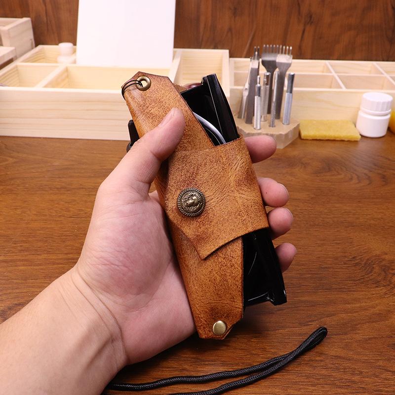 New Neck Hanging Handmade Vintage Vegetable Tanned Leather Sunglasses Bag with Tree Cream Cowhide Handmade Old Glasses Case