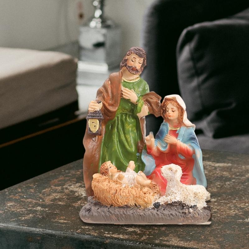 Detailed Holy Family Resins Statue Christmas Home Desktop Decors Religious Nativity Scene Figurine Shelf Ornament Gift