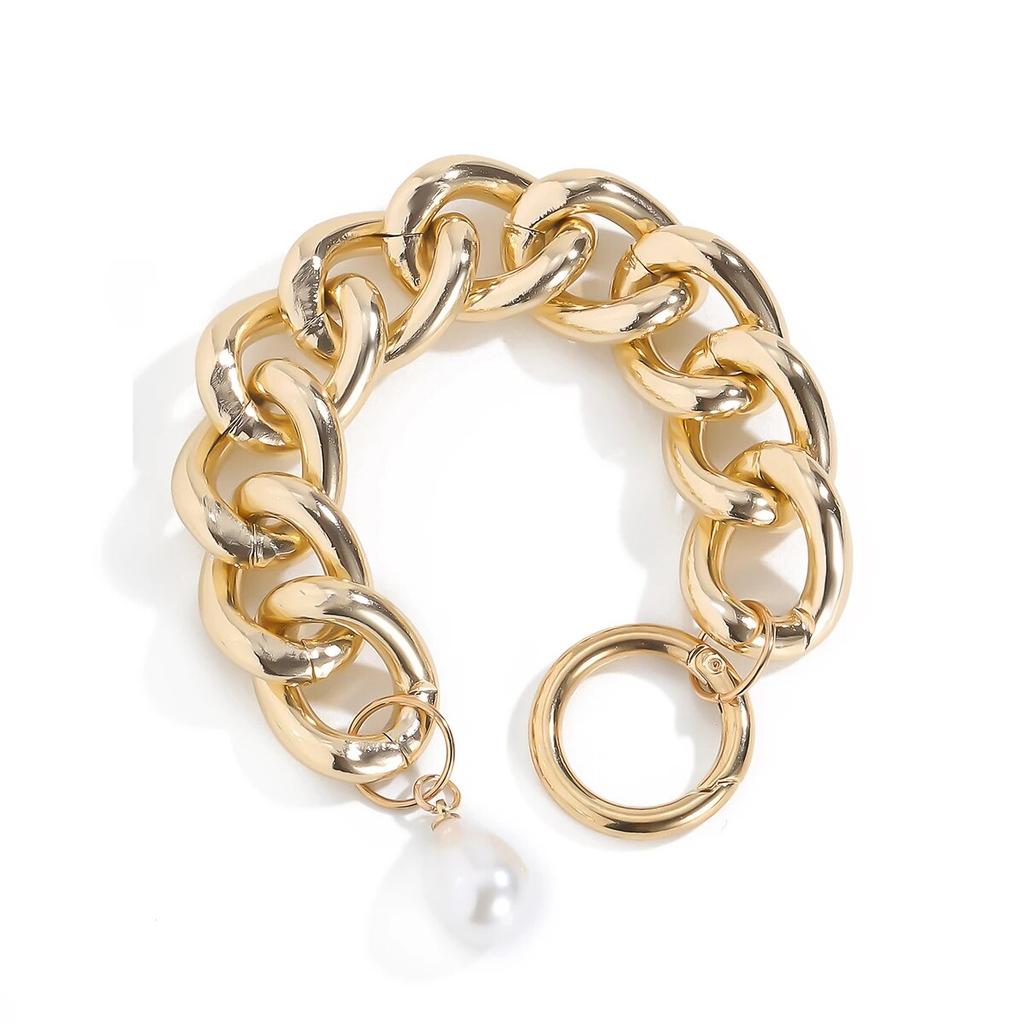 Goth Vintage Imitation Pearl Pendant Bracelet Women Hip Hop Heavy Metal Chunky Lock Chain Bangles Couple Friends Hand Jewelry