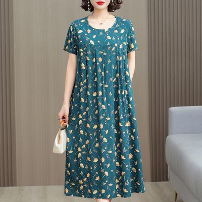 Damska Letnia Sukienka Maxi Plus Size z Krótkim Rękawem i Dekoltem O, w Kwiatowy Wzór