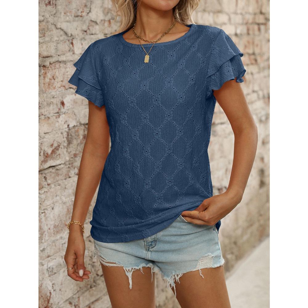 Damen Sommer Neuer Stil Einfarbig Rundhals Süß Kurzarm T-Shirt Ausgehöhltes Oberteil