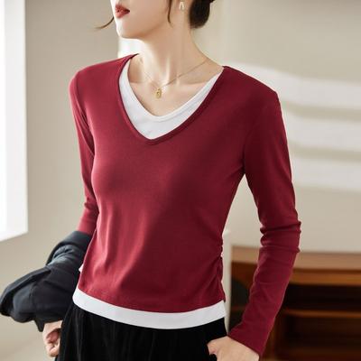 Erken Sonbahar Kadın V yaka Yanıltıcı İki Parçalı Pileli İnce Çarpışan Renk Eşleştirmeli Uzun Kollu Tişört
