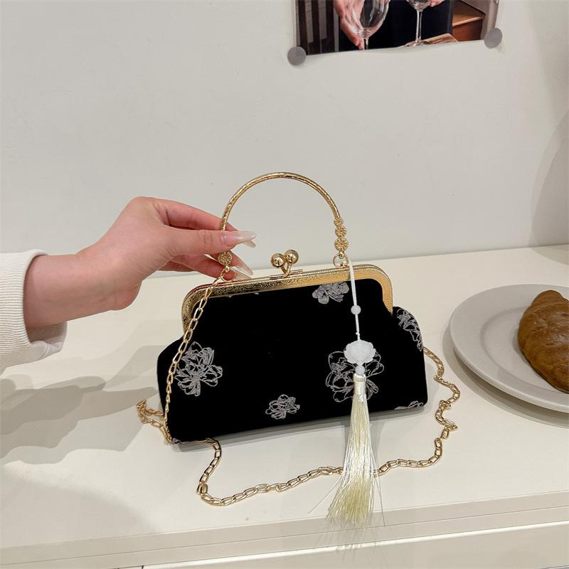 

Трендовая модная цепочка, повседневная персонализированная женская сумка, новый китайский стиль, национальный стиль, новая нишевая сумка-мессенджер высокого класса чёрный