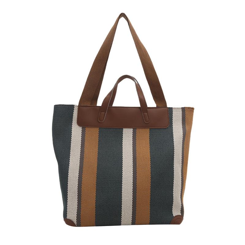Women Large Capacity Striped Shoulder Bucket Bags Shopping Totes Contrast Color Commute Shopper Handbags