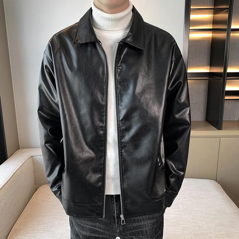 Men's Spring Autumn New Lapel Leather Jacket Casual Trendy Biker Versatile Teenager Retro Jacket Top