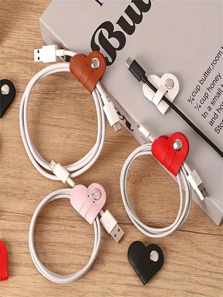 5 Pcs Colorful Heart-Shaped PU Leather Cable Organizers - Keep headphones and charging cables neatly managed with these vibrant