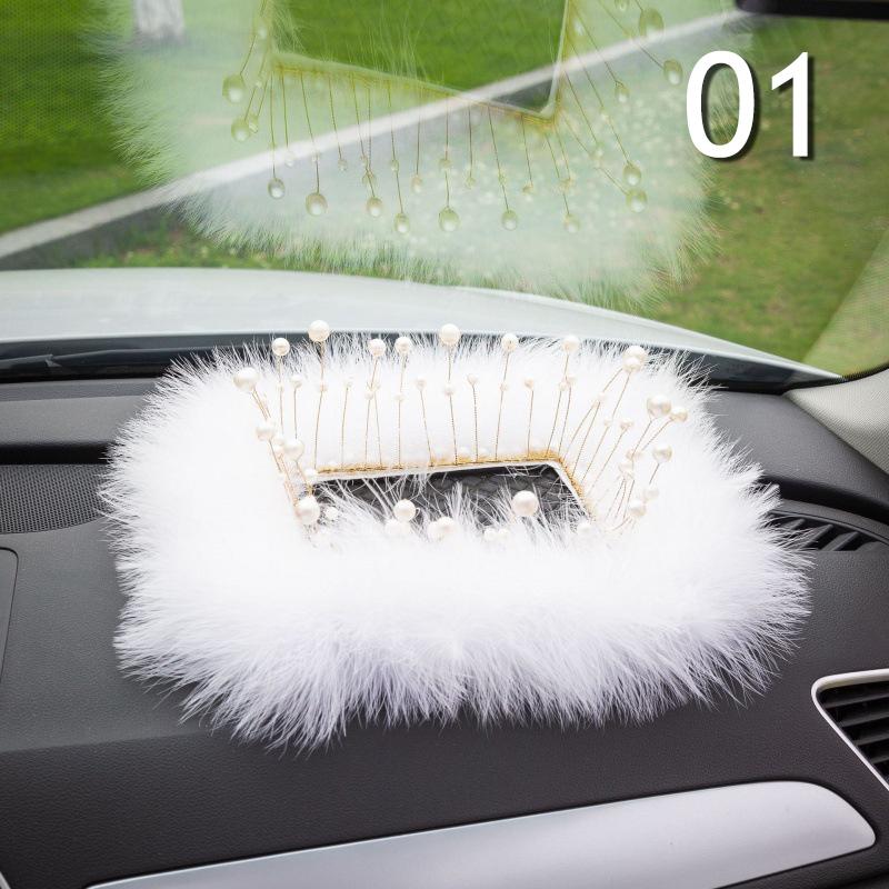 INS Decor Pink/White Feather Pearl Car Anti-slip Mat Console Ornament Storage Pad Cute Auto Accessories Female Car Interior