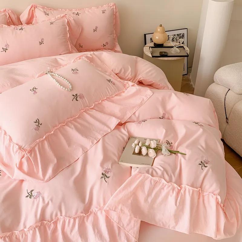French Hepburn style 4-piece bed set, Korean princess lace washed cotton embroidery duvet set, bedsheet and bedsheet 3-piece set