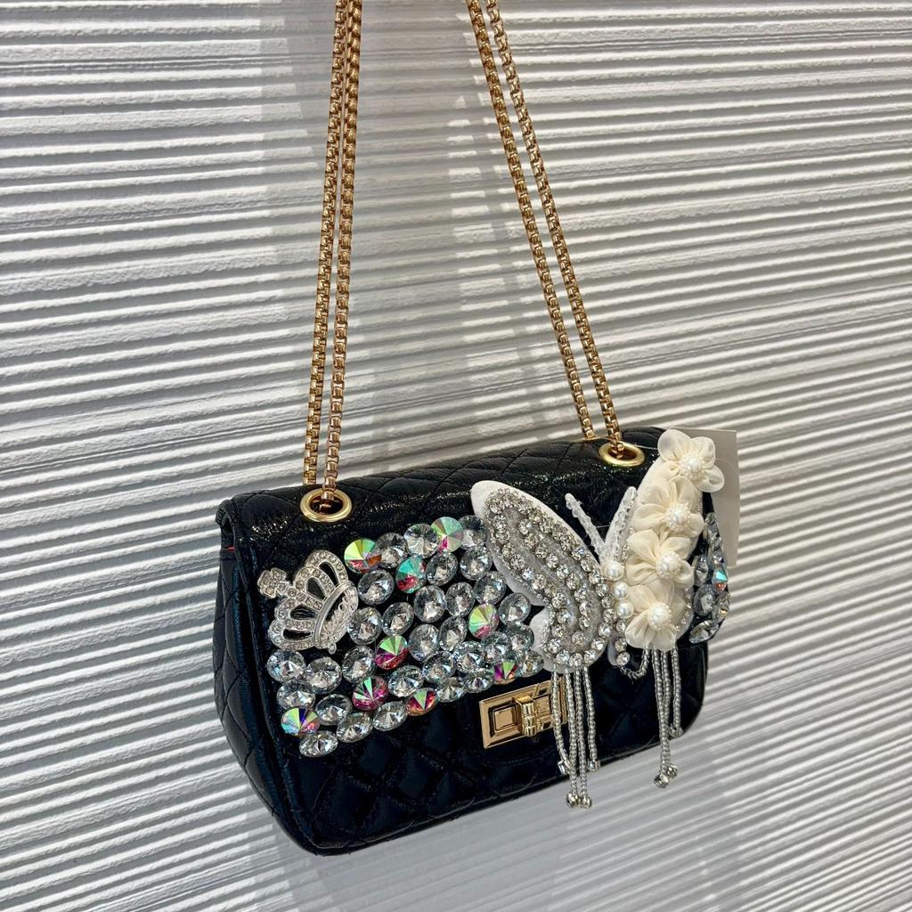High-End Luxury Diamond Lattice Evening Clutch Bag for Women Handmade with 3D Butterfly Pearl Rhombus Design Shoulder Handbag