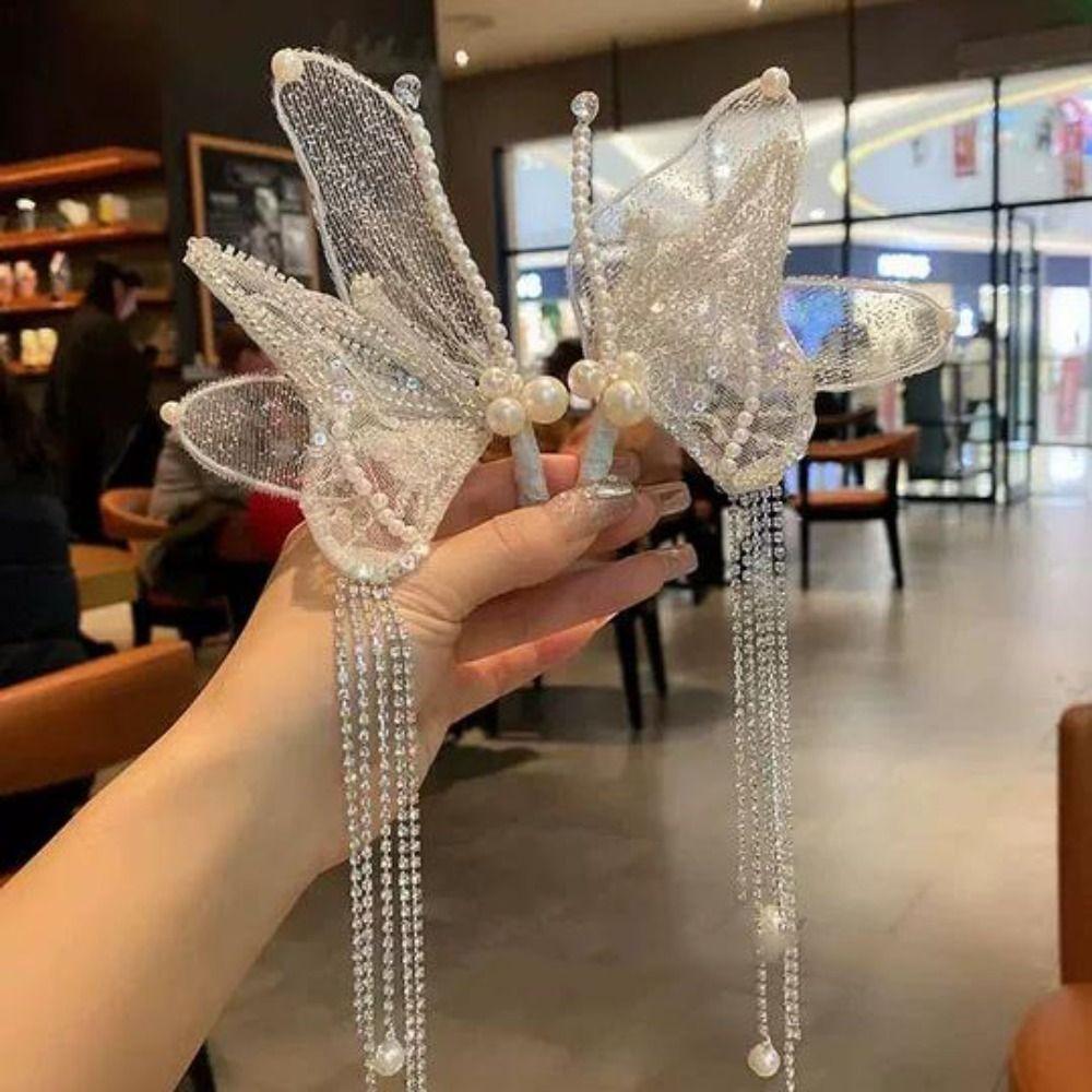 Beaded Butterfly Hair Clips Large Duckbill Clips Elegant Pearl Barrettes Headwear