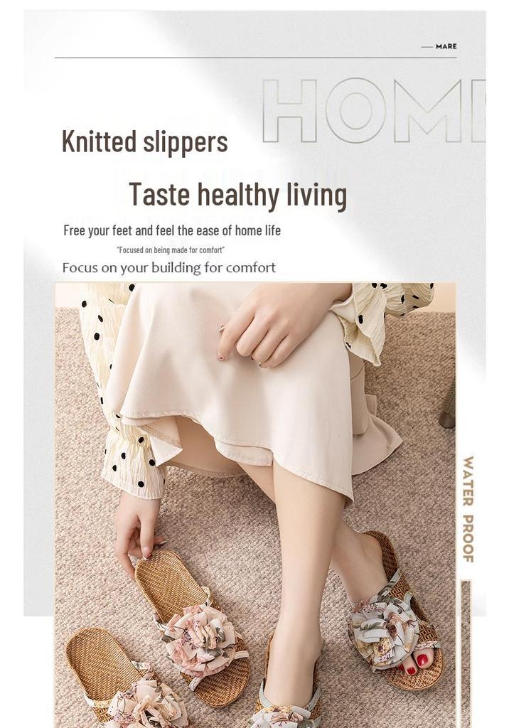 Summer Cool Rattan Mat Slippers - Bowknot Design, Non-Slip Indoor Bamboo Weave, Fish Mouth Style