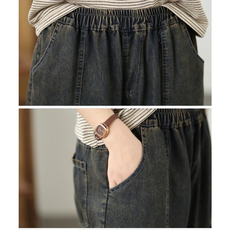 DIMANAF 2026 Summer New Plus Size Women Jeans Elastic Waist Vintage Print Long Pants Loose Casual Denim Cotton Trousers Pants