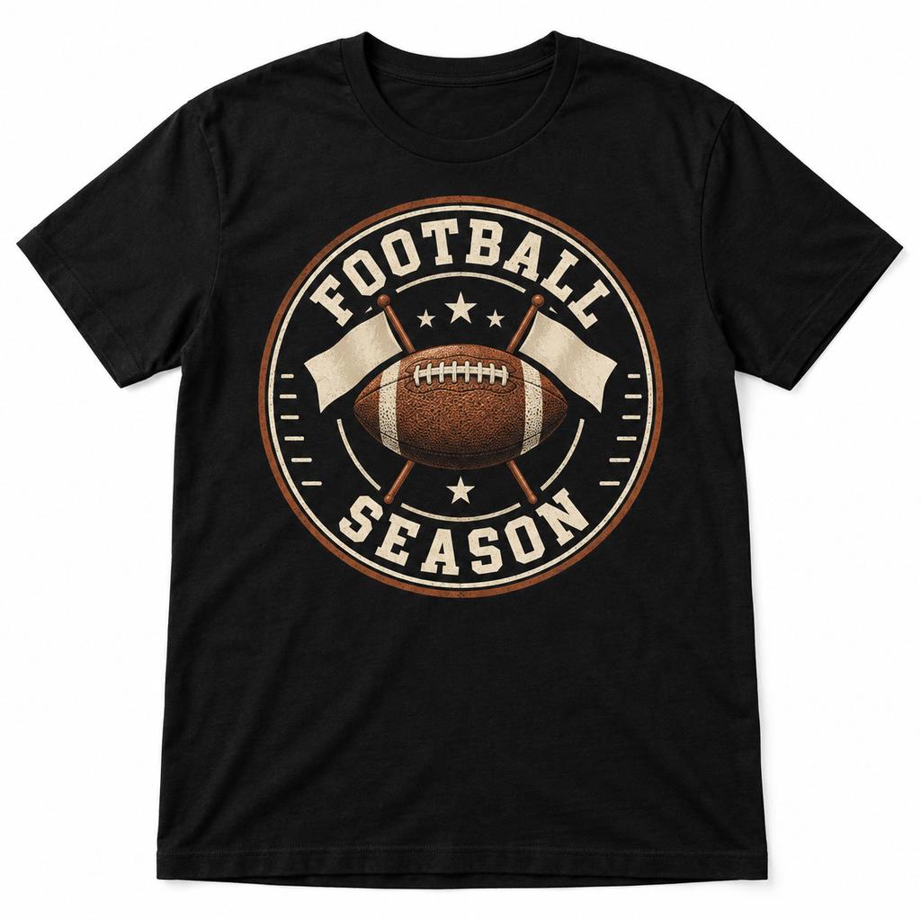 Football Season Badge Graphic T-Shirt American Sports Fan Black Tee
